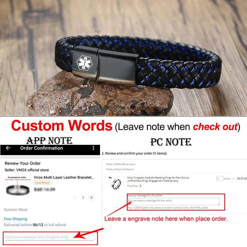 Vnox Customized Medical Men's ID Bracelet Braided Leather Bangle with Clasp Diabetes COPD Alzheimer Personalized Jewelry