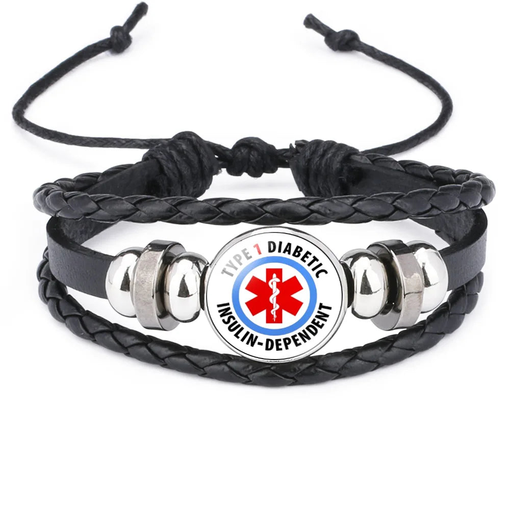 FIMAODZ Type 1 2 Diabetes Emergency Medical Alert Bracelet Diabetic Health Care Glass Gem Woven Bracelets Wristband Nurse Gift