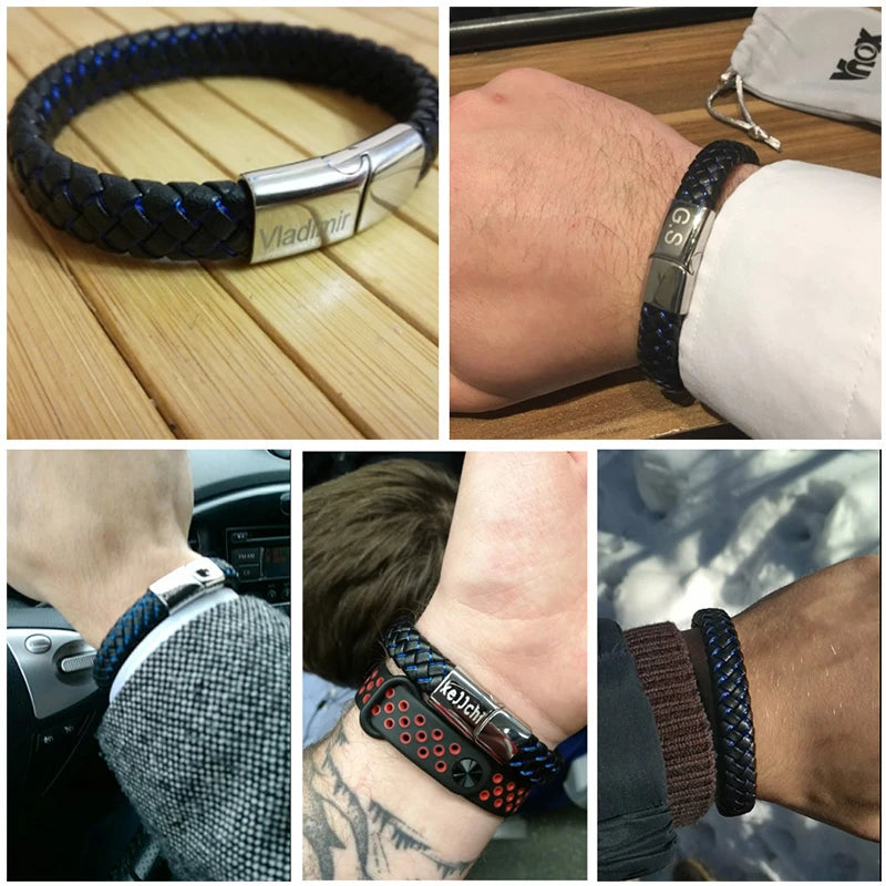 Vnox Customized Medical Men's ID Bracelet Braided Leather Bangle with Clasp Diabetes COPD Alzheimer Personalized Jewelry