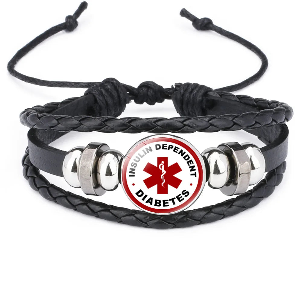 FIMAODZ Type 1 2 Diabetes Emergency Medical Alert Bracelet Diabetic Health Care Glass Gem Woven Bracelets Wristband Nurse Gift