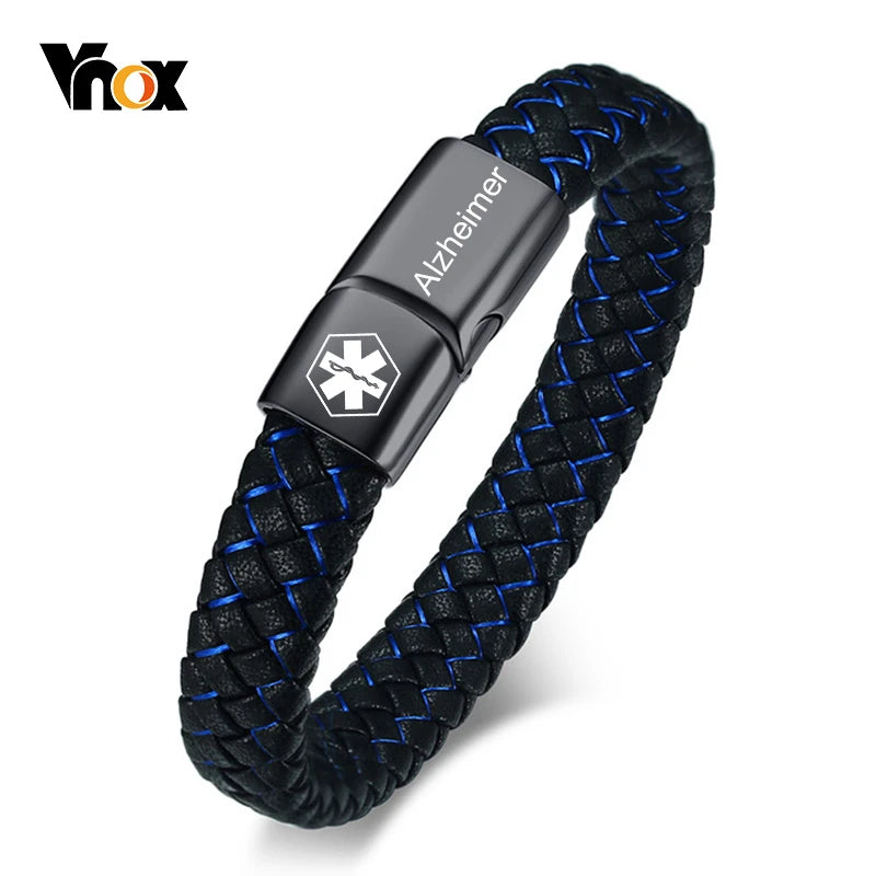 Vnox Customized Medical Men's ID Bracelet Braided Leather Bangle with Clasp Diabetes COPD Alzheimer Personalized Jewelry