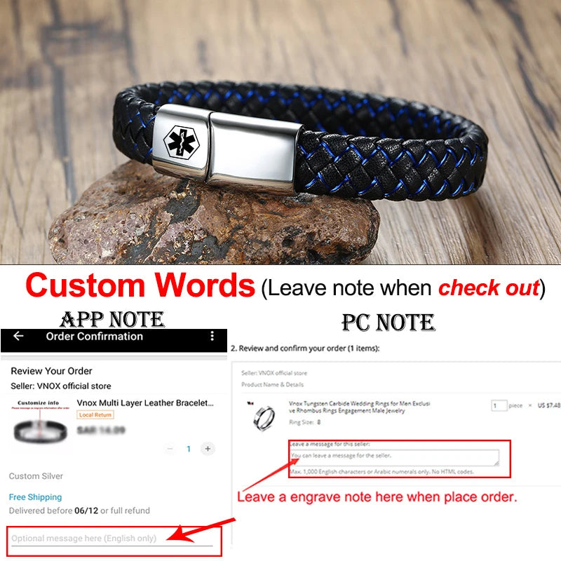 Vnox Customized Medical Men's ID Bracelet Braided Leather Bangle with Clasp Diabetes COPD Alzheimer Personalized Jewelry