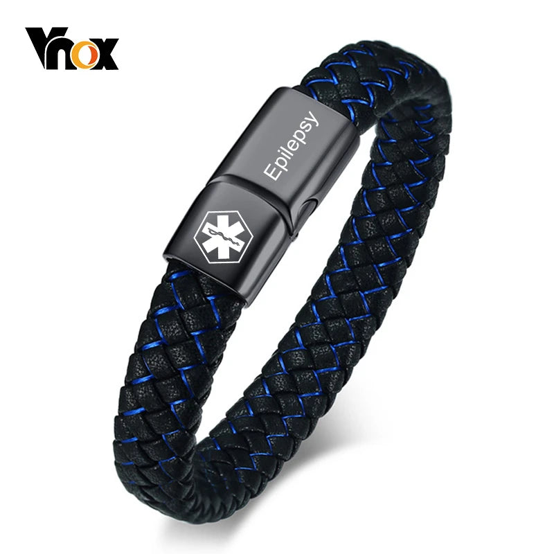 Vnox Customized Medical Men's ID Bracelet Braided Leather Bangle with Clasp Diabetes COPD Alzheimer Personalized Jewelry
