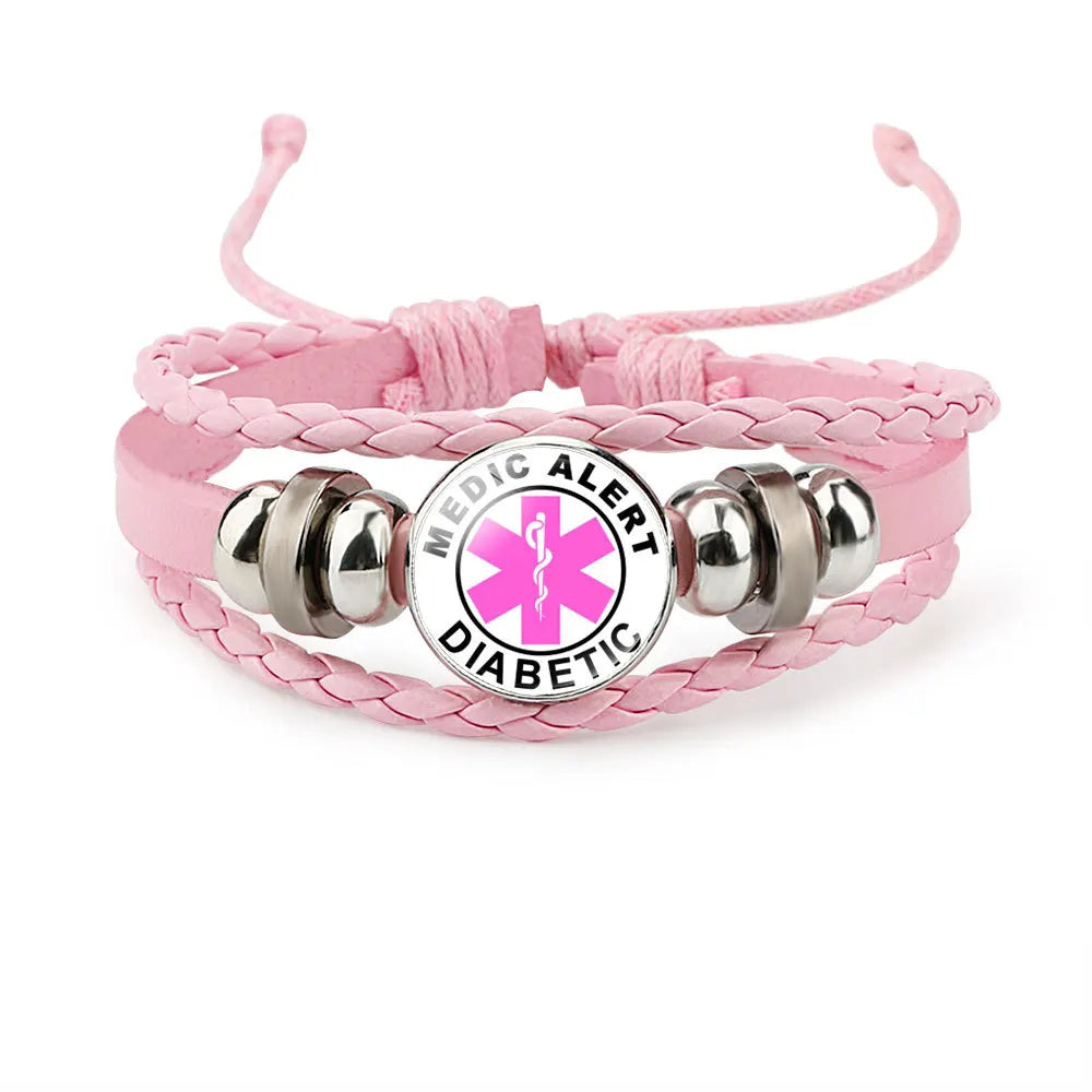 FIMAODZ Type 1 2 Diabetes Emergency Medical Alert Bracelet Diabetic Health Care Glass Gem Woven Bracelets Wristband Nurse Gift