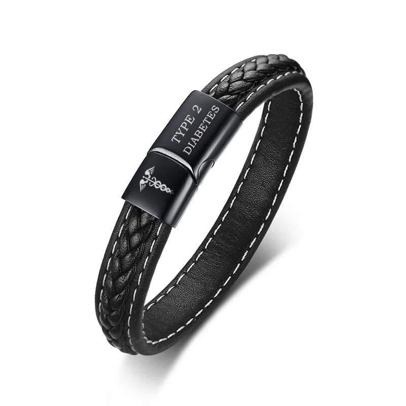 TYPE 1  DIABETES Medical Alert Bracelet Emergency Remind Jewelry Black Genuine Leather