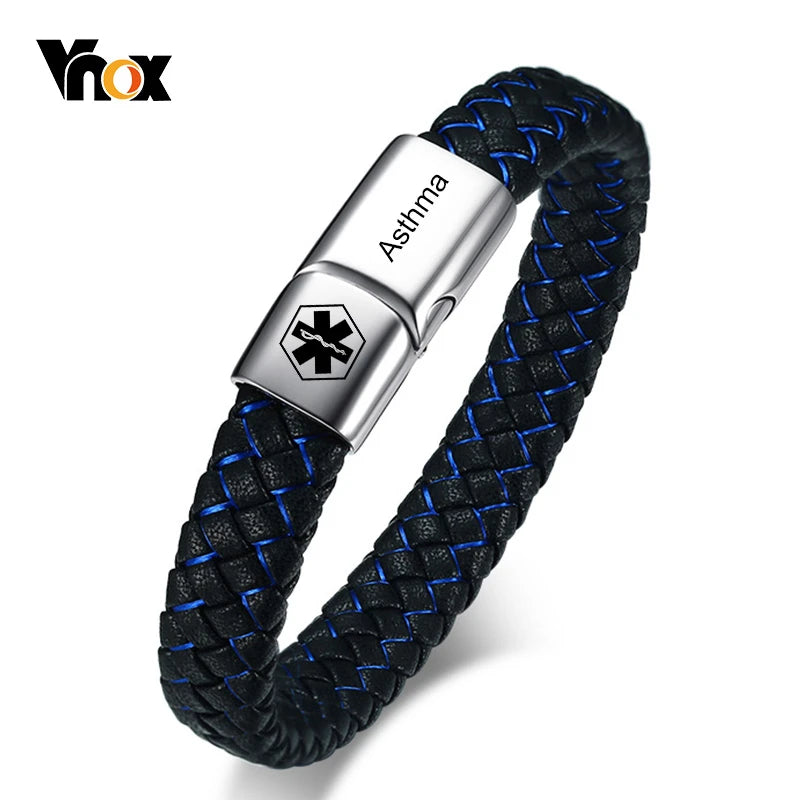 Vnox Customized Medical Men's ID Bracelet Braided Leather Bangle with Clasp Diabetes COPD Alzheimer Personalized Jewelry