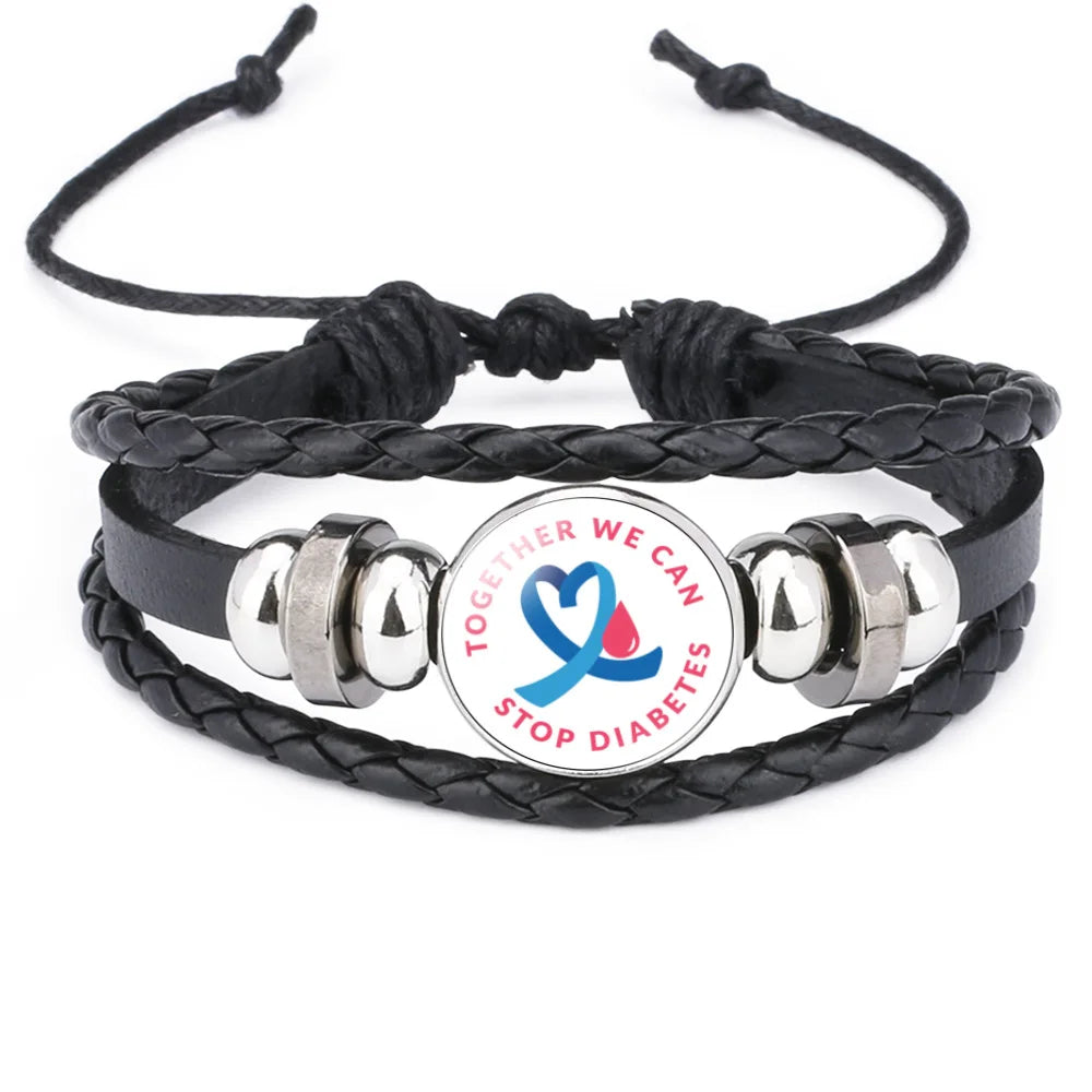 FIMAODZ Type 1 2 Diabetes Emergency Medical Alert Bracelet Diabetic Health Care Glass Gem Woven Bracelets Wristband Nurse Gift