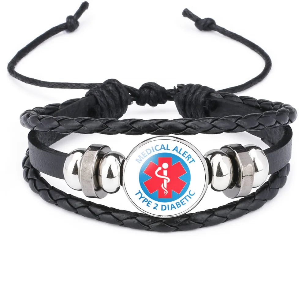 FIMAODZ Type 1 2 Diabetes Emergency Medical Alert Bracelet Diabetic Health Care Glass Gem Woven Bracelets Wristband Nurse Gift