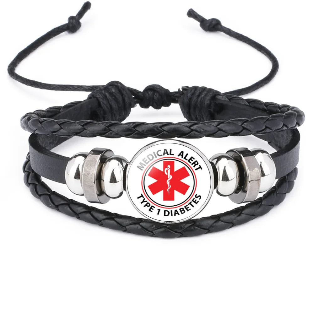 FIMAODZ Type 1 2 Diabetes Emergency Medical Alert Bracelet Diabetic Health Care Glass Gem Woven Bracelets Wristband Nurse Gift
