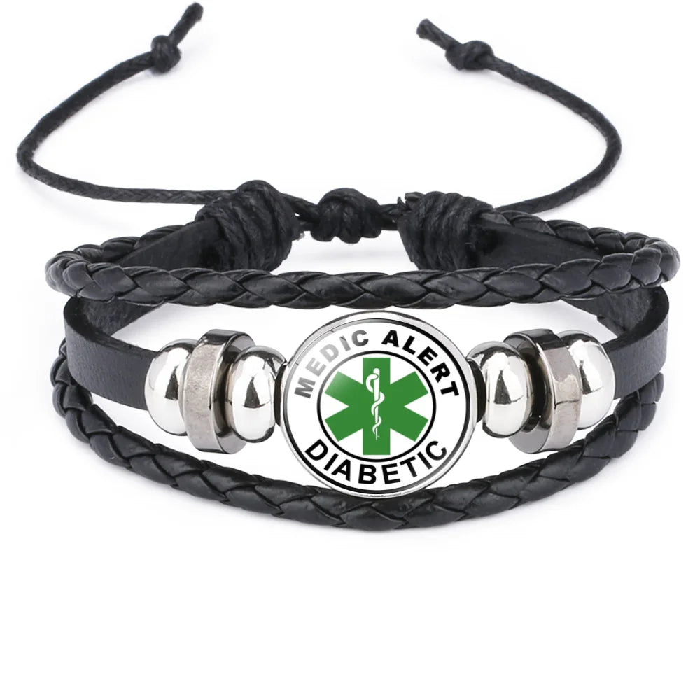 FIMAODZ Type 1 2 Diabetes Emergency Medical Alert Bracelet Diabetic Health Care Glass Gem Woven Bracelets Wristband Nurse Gift