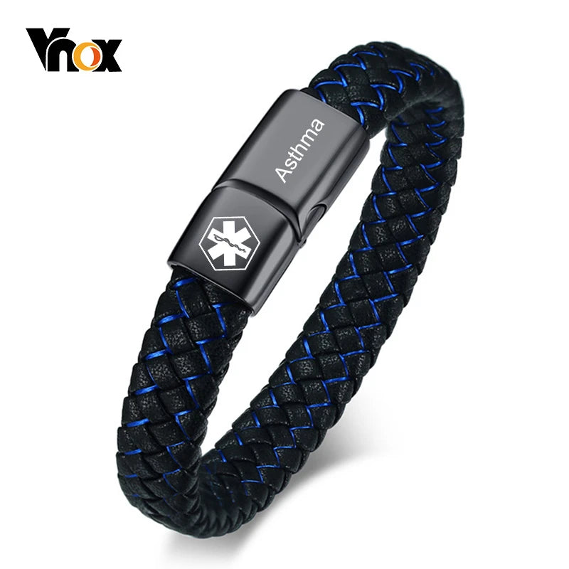 Vnox Customized Medical Men's ID Bracelet Braided Leather Bangle with Clasp Diabetes COPD Alzheimer Personalized Jewelry